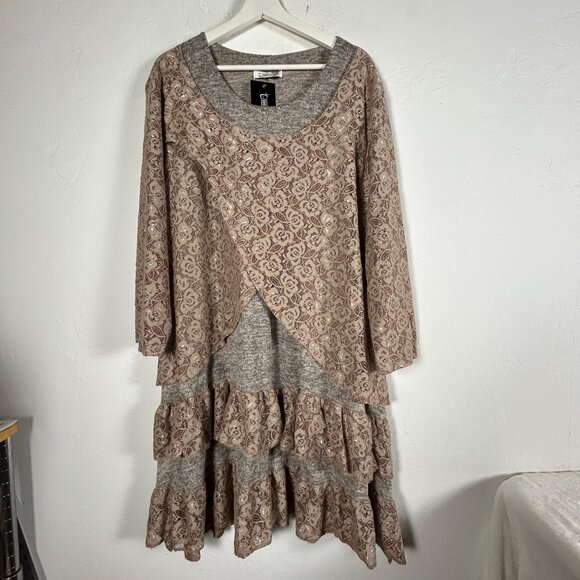 Transparente Womens Layered Ruffled Lace Dress Wool Blend One Size Tan Italy New - Picture 1 of 9